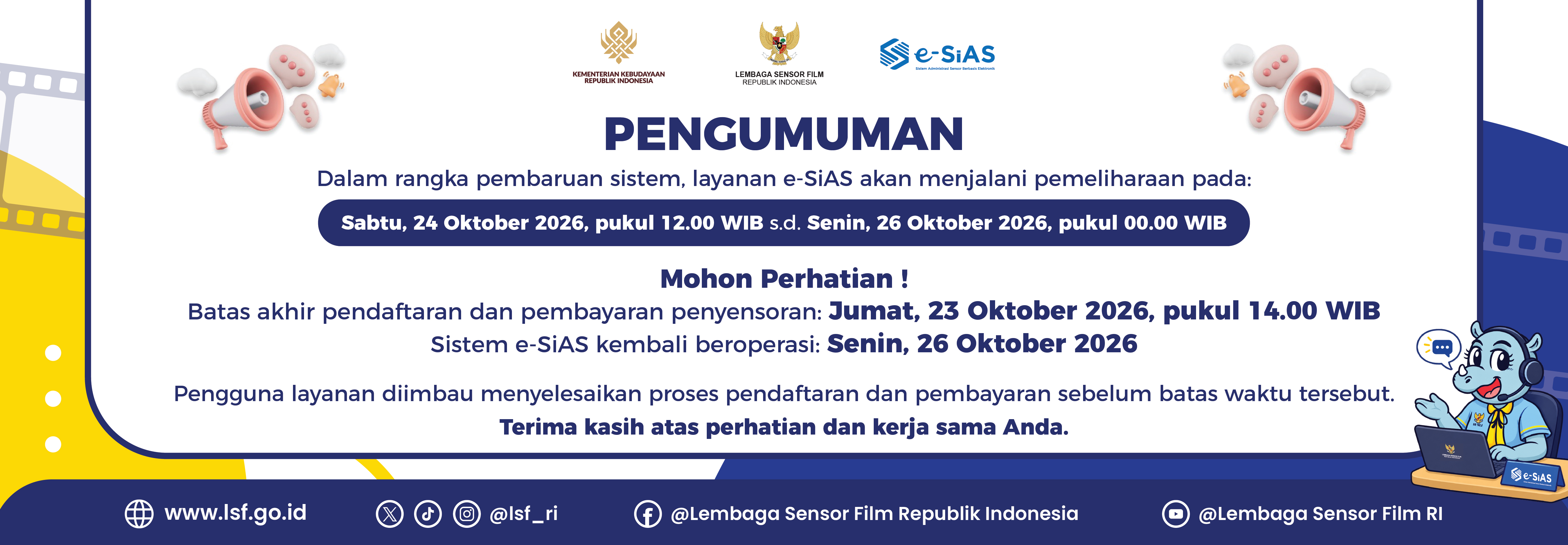 Pengumuman Pemeliharaan Sistem Layanan e-SiAS